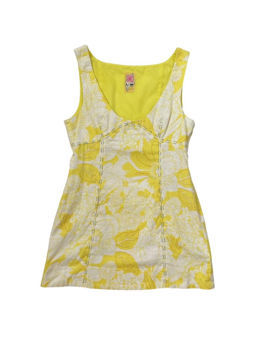 Vintage Free People Mini Dress - Yellow White Green - Linen/Cotton Blend - Sz 6